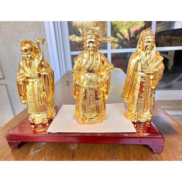 VTG Risis Singapore 24k Gold Plated  Fu Lu Shou Deities Ruler Figurines Set of 3 - Picture 1 of 12